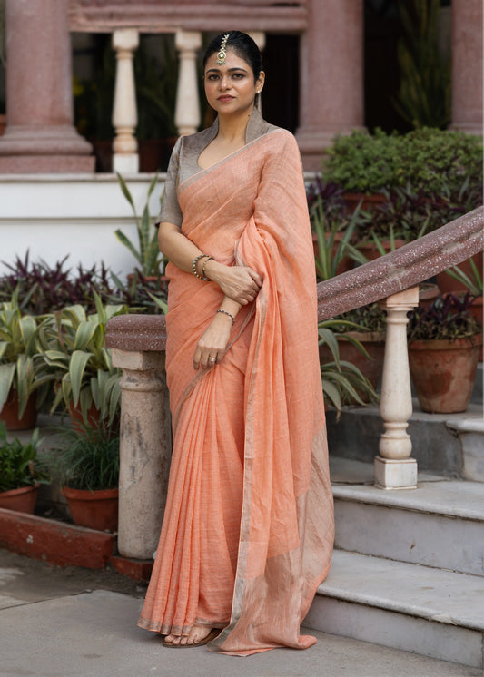 Silver zari Linen saree